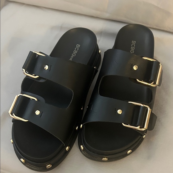BCBGeneration Black Sandals with Gold Buckles - Picture 1 of 3